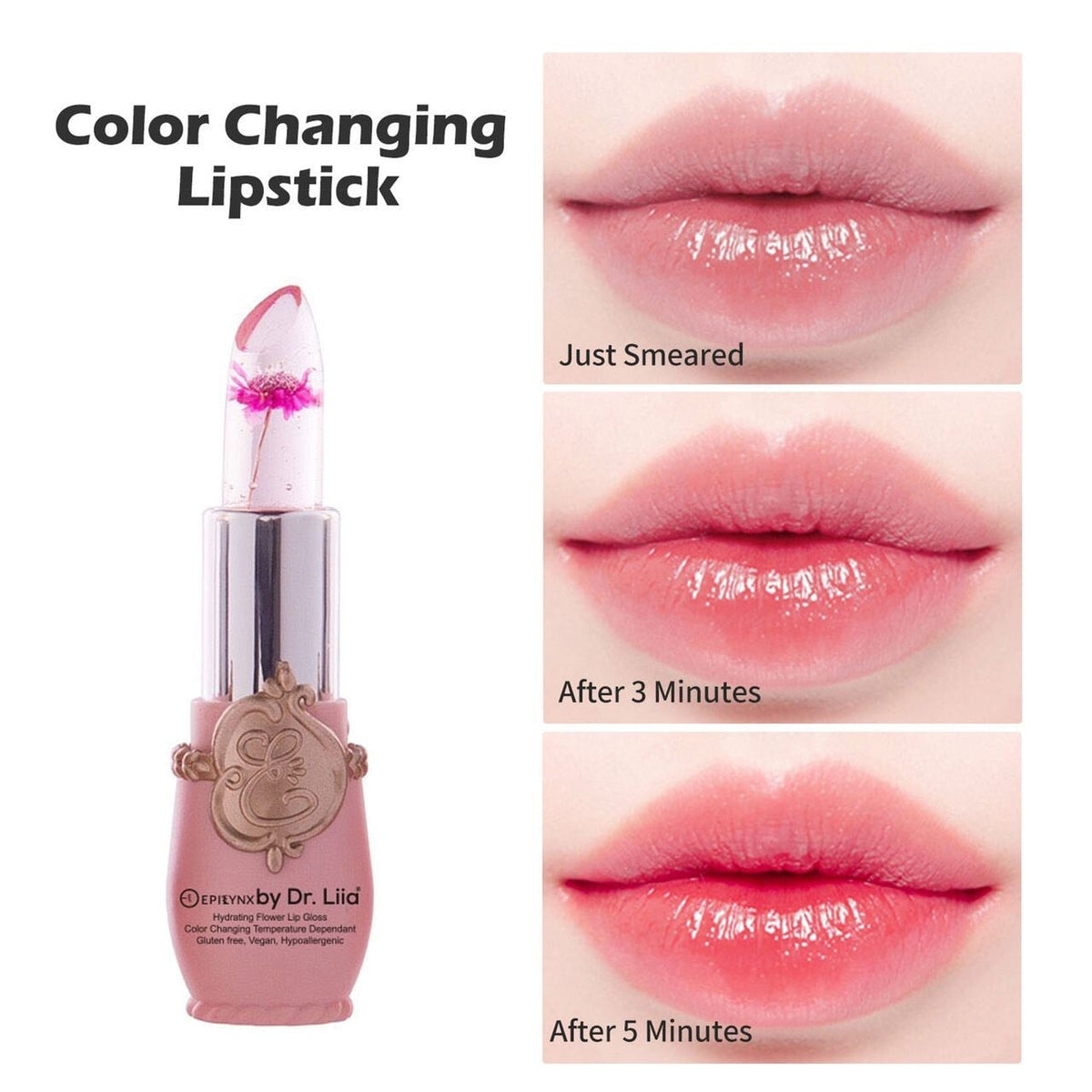 EpiLynx Color-Changing Flower Lip Gloss in a clear container, showcasing vibrant, hydrating, vegan, gluten-free lip balm.