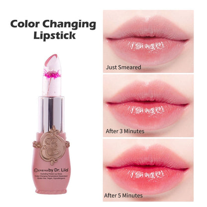 EpiLynx Color-Changing Flower Lip Gloss in a clear container, showcasing vibrant, hydrating, vegan, gluten-free lip balm.