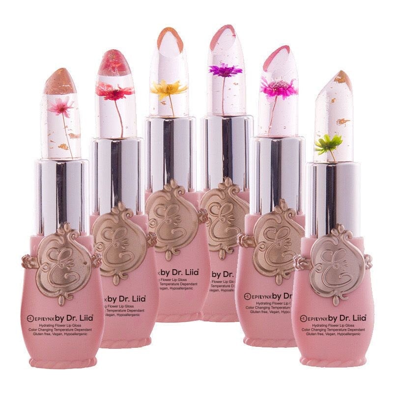 EpiLynx color-changing flower lip gloss in a sleek tube, showcasing vibrant floral design and hydrating, vegan, gluten-free lip balm
