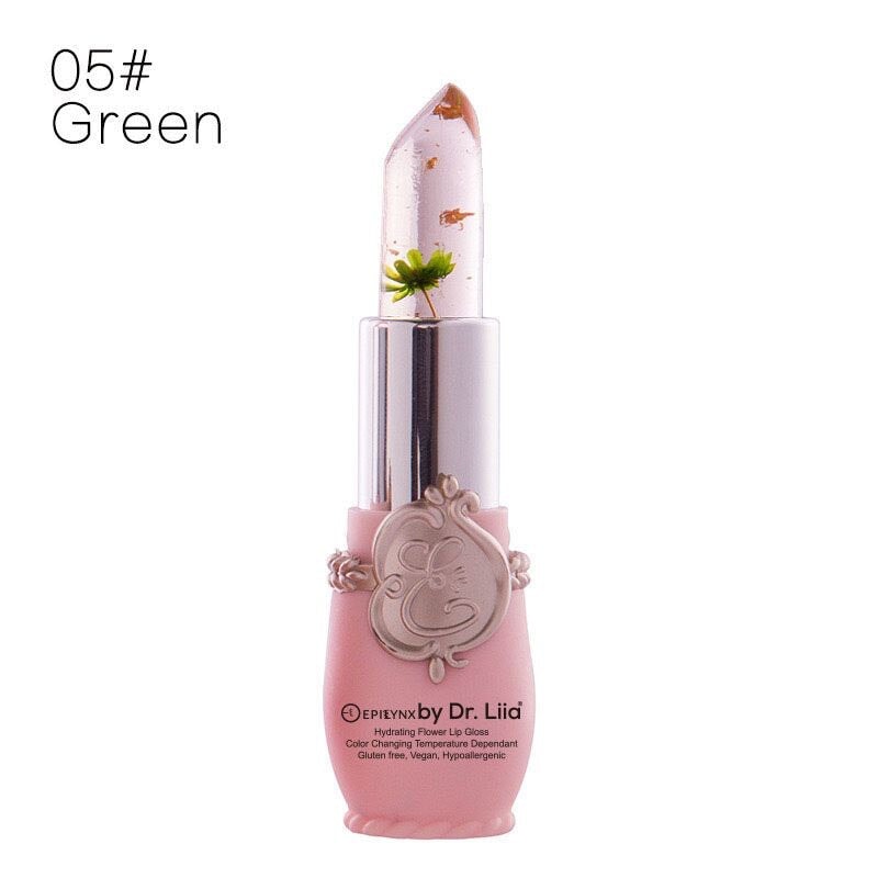 EpiLynx color-changing flower lip gloss in green, a vegan and gluten-free hydrating lip balm with floral design.