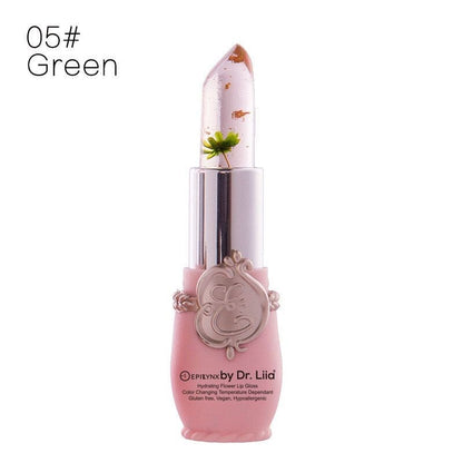 EpiLynx color-changing flower lip gloss in green, a vegan and gluten-free hydrating lip balm with floral design.
