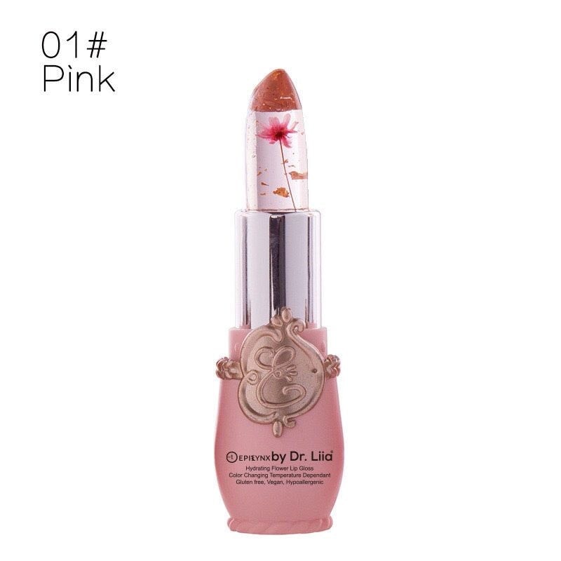 EpiLynx color-changing flower lip gloss in pink with a floral design, vegan and gluten-free hydrating lip balm.