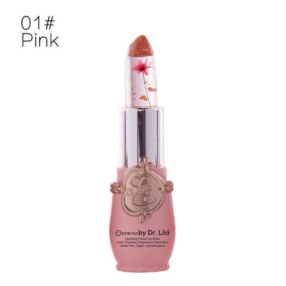 EpiLynx color-changing flower lip gloss in pink with a floral design, vegan and gluten-free hydrating lip balm.