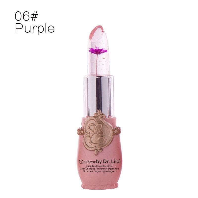 EpiLynx color-changing flower lip gloss in purple, vegan and gluten-free hydrating lip balm with floral design, natural and vibrant.