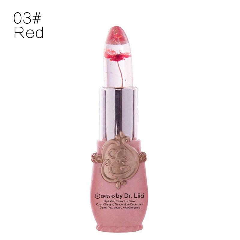 EpiLynx Color-Changing Flower Lip Gloss featuring a red flower design, vegan, gluten-free, and hydrating lip balm in a sleek tube.