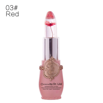 EpiLynx Color-Changing Flower Lip Gloss featuring a red flower design, vegan, gluten-free, and hydrating lip balm in a sleek tube.