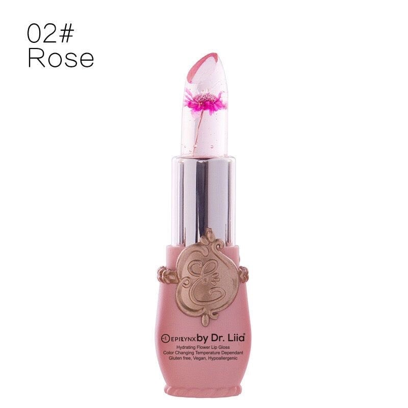 EpiLynx Color-Changing Flower Lip Gloss with rose flower design, vegan, gluten-free hydrating lip balm in a sleek tube.
