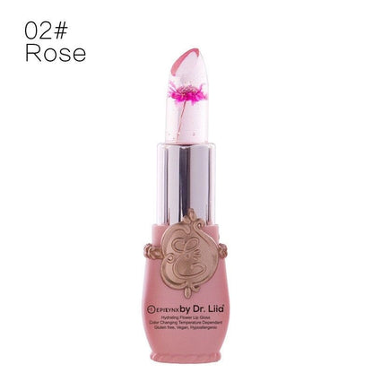 EpiLynx Color-Changing Flower Lip Gloss with rose flower design, vegan, gluten-free hydrating lip balm in a sleek tube.