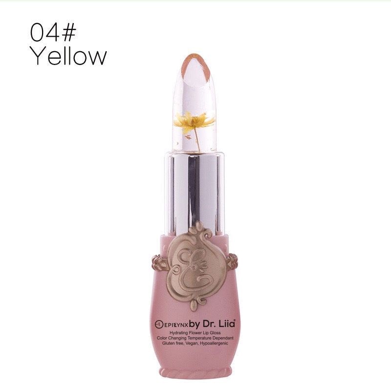 EpiLynx color-changing flower lip gloss in yellow, vegan and gluten-free hydrating lip balm with floral design on the tube.