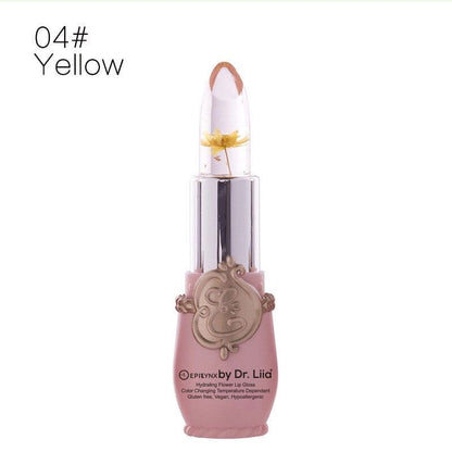 EpiLynx color-changing flower lip gloss in yellow, vegan and gluten-free hydrating lip balm with floral design on the tube.