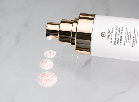 EpiLynx gentle exfoliating face cleanser with hyaluronic acid, aloe vera, and biodegradable jojoba beads, showing the creamy scrub texture.