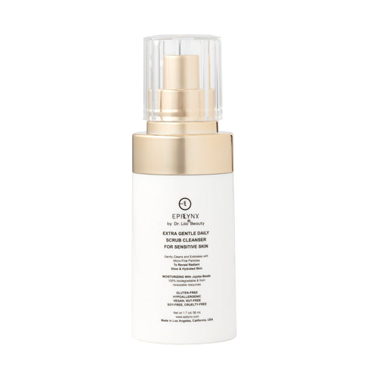 EpiLynx gentle exfoliating face cleanser with hyaluronic acid, aloe vera, and biodegradable jojoba beads in a front-cap bottle.