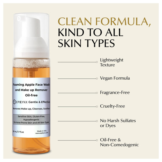EpiLynx Gentle Foaming Facial Cleanser with aloe, apple, and ashwagandha for all skin types, showing the foam and cleanser bottle.