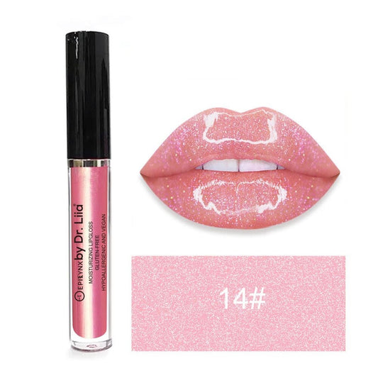 EpiLynx Hydrating Shine Lip Gloss in a clear tube with pink gloss, showcasing a glossy, moisturizing finish on lips.