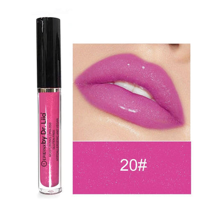 EpiLynx Hydrating Shine Lip Gloss in a clear tube with a doe-foot applicator, showcasing a glossy finish and smooth texture.