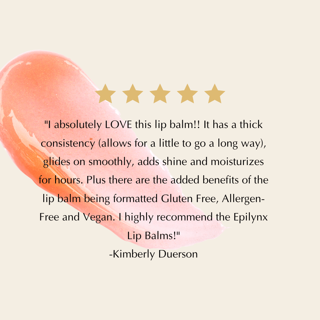 EpiLynx Hydrating Vegan Lip Balm with sheer tint and long-lasting moisture, shown in a close-up of the product tube.
