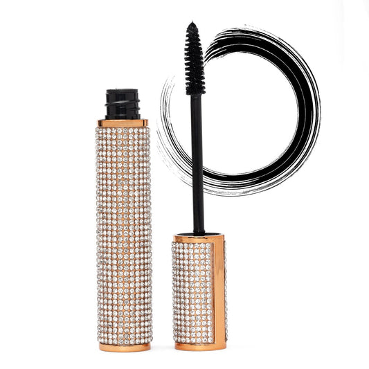 EpiLynx Mega Volume Vegan Mascara with handmade diamond case, showcasing thick, smudge-proof black mascara on a cosmetic display