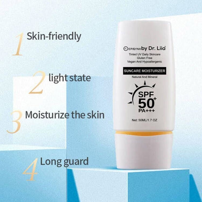 EpiLynx SPF 50 mineral moisturizer for hydrating, vegan, sensitive skin, providing broad-spectrum suncare in a creamy formula.