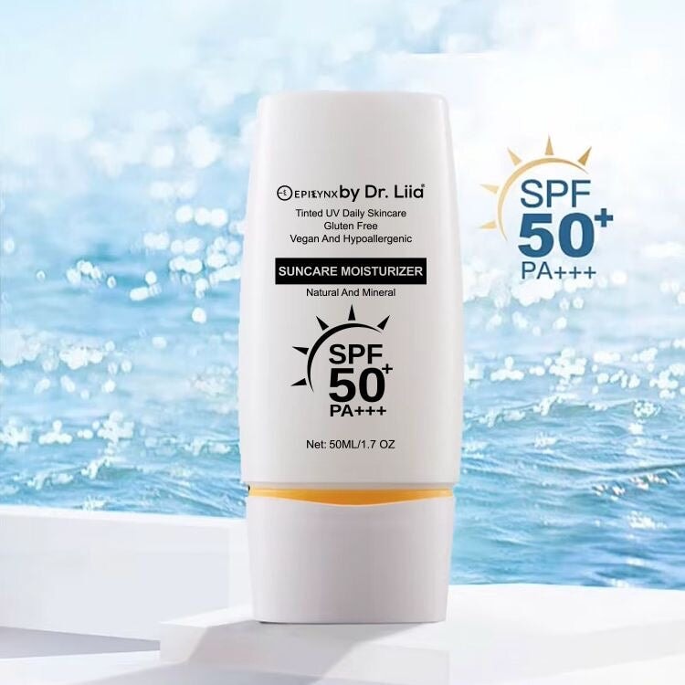 EpiLynx SPF 50 mineral moisturizer providing hydrating, vegan, and sensitive skin-friendly suncare in a pump bottle.