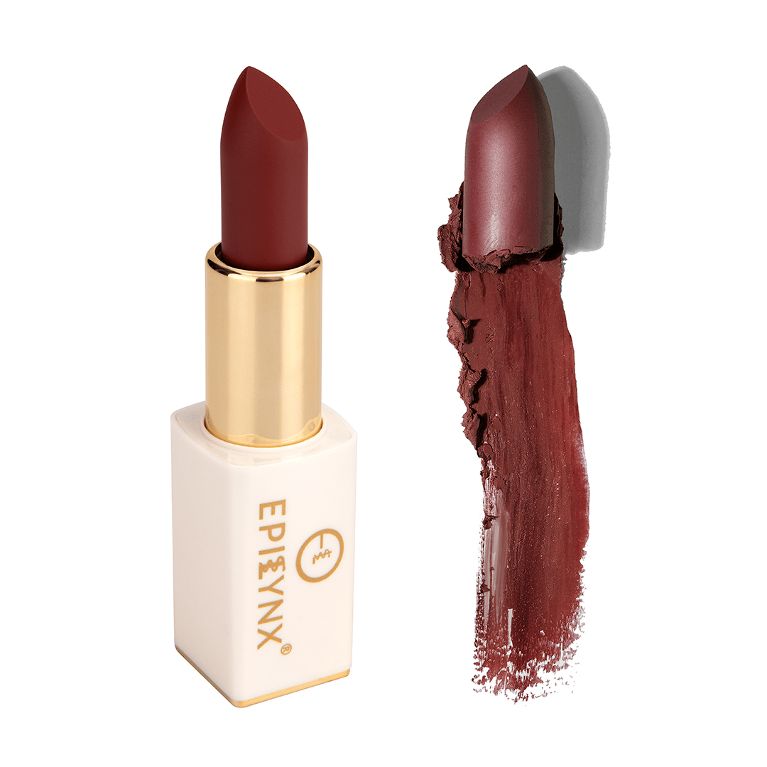 EpiLynx Vegan Matte Lipstick in a magnetic case, showcasing hydrating, long-wear formula with a smooth, matte finish.
