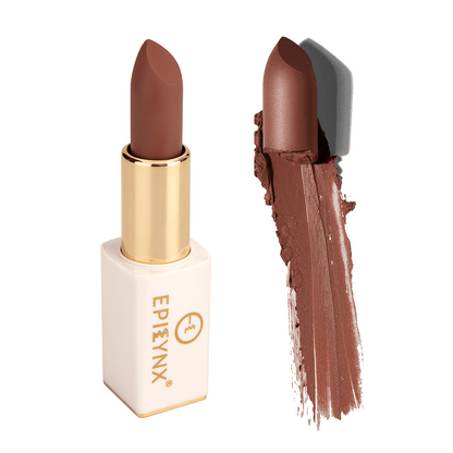 EpiLynx vegan matte lipstick in a magnetic case, showcasing hydrating, long-wear formula with rich, natural lip color.