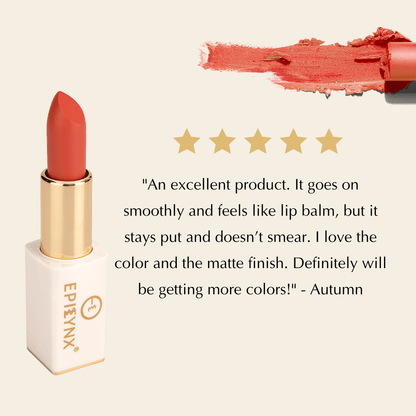 EpiLynx vegan matte lipstick in a magnetic case, showcasing its hydrating, long-wear formula and sleek packaging.
