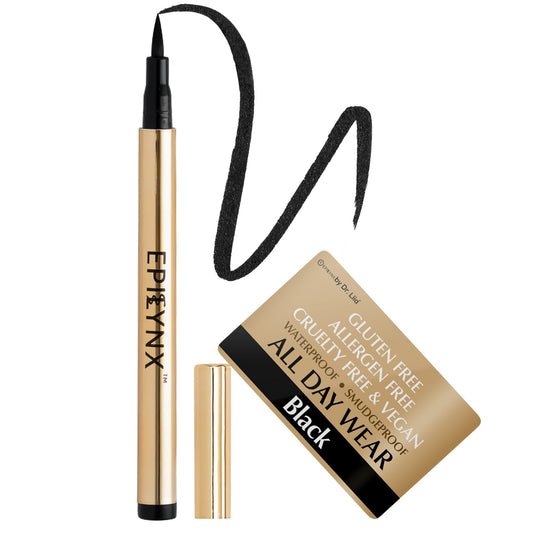 EpiLynx waterproof liquid eyeliner pen in black with smudge-proof, matte and shimmer shades, featuring precise application.
