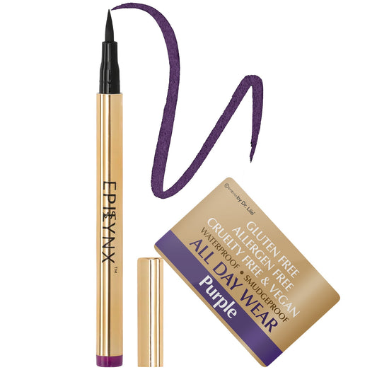 EpiLynx waterproof liquid eyeliner pen in purple, featuring precise application with matte and shimmer shades, vegan and smudge-proof.
