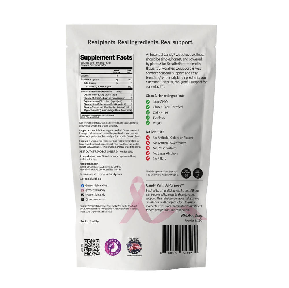 Essential Candy Breathe Better™ Clarity herbal lozenges in clear packaging with fresh botanical ingredients.
