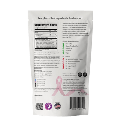 Essential Candy Breathe Better™ Clarity herbal lozenges in clear packaging with fresh botanical ingredients.