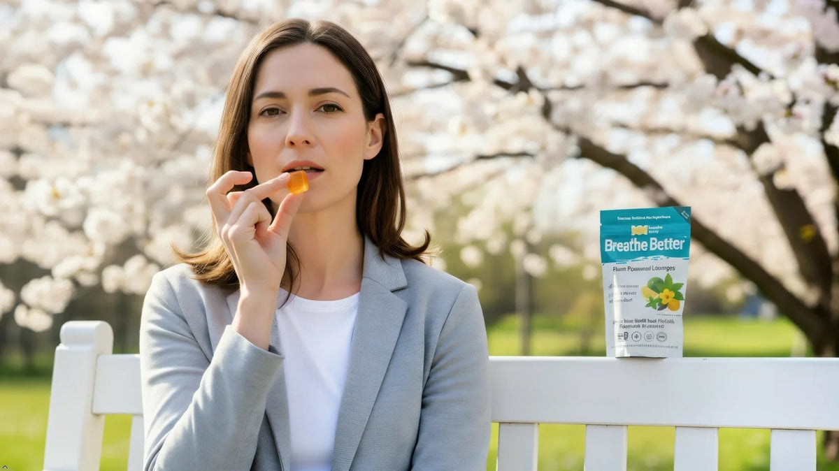 Woman holding a herbal lozenge from Essential Candy Breathe Better™ in a garden, showcasing the botanical supplement for clearer breathing.