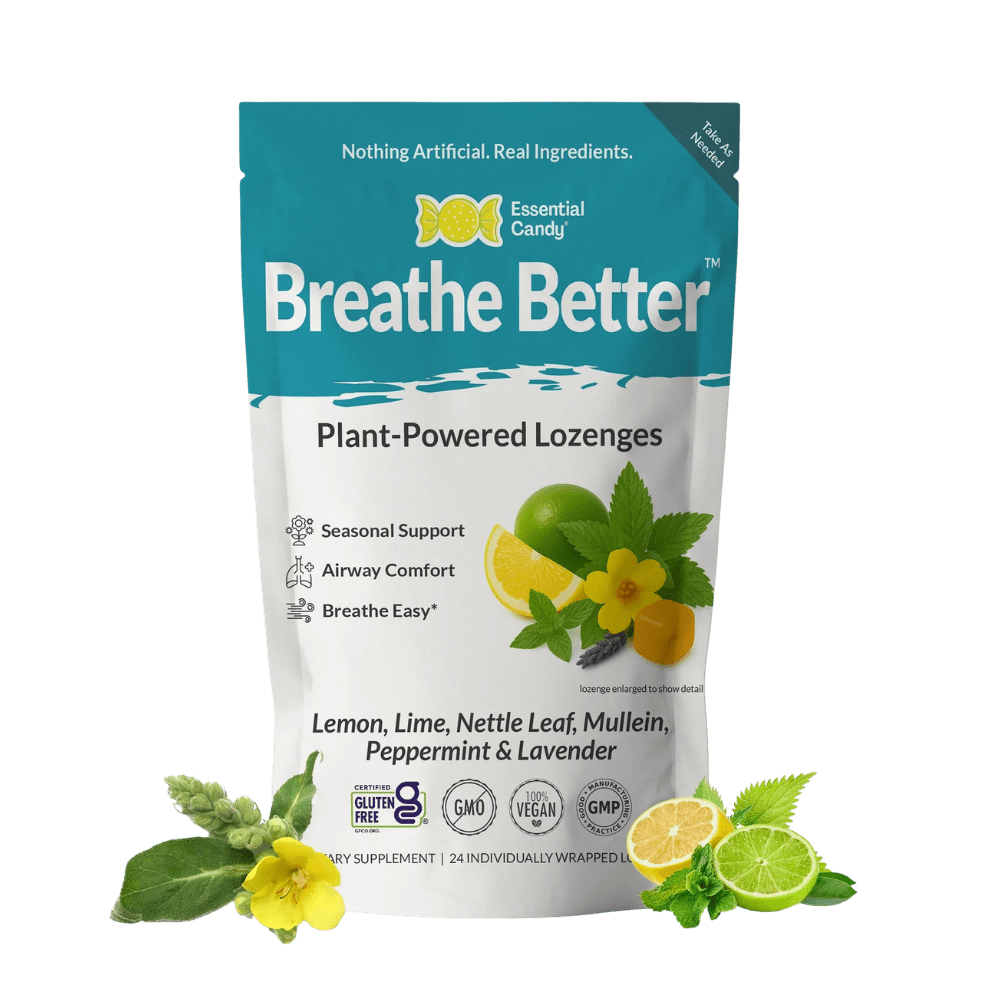 Essential Candy Breathe Better herbal lozenges in a clear jar, featuring botanical ingredients for improved respiratory comfort.