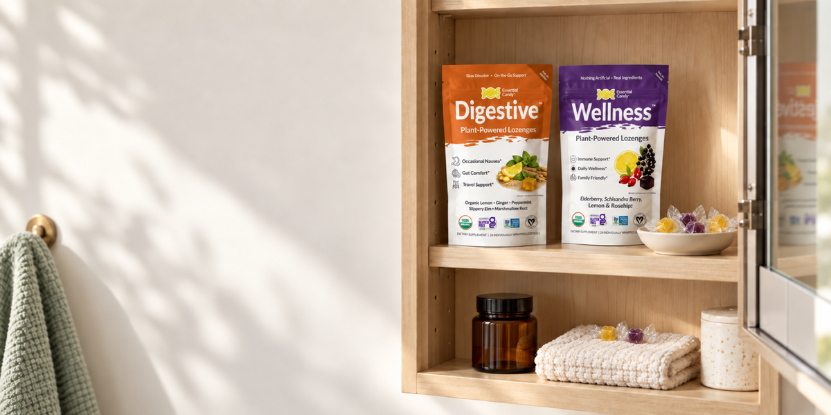 Two stand-up supplement pouches displayed on a wooden bathroom shelf: Digestive in orange and Wellness in purple, with a towel, amber bottle, and small bowl of fruit on the shelf below.