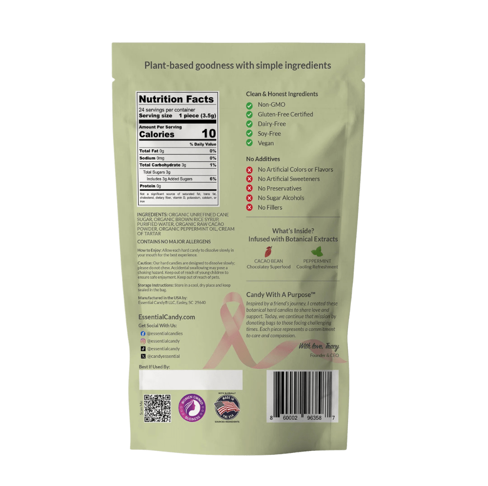 Essential Candy Cacao Mint botanical lozenges, hard candy with cacao and mint, shown in a clear close-up.