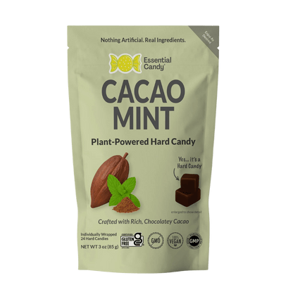Essential Candy Cacao Mint botanical lozenges, hard candy with cacao and mint flavors, displayed in a clear package.