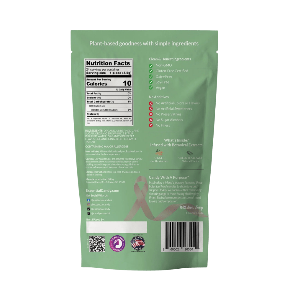 Hard candy lozenges with ginger and green tea botanical flavor from Essential Candy, showing a close-up of the lozenges.