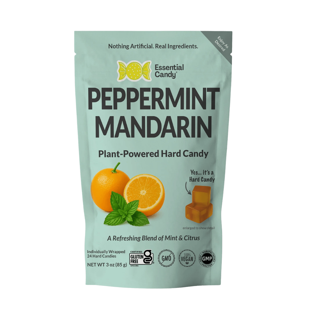 Essential Candy Peppermint Mandarin botanical lozenges in a clear hard candy form, featuring red and white swirls.