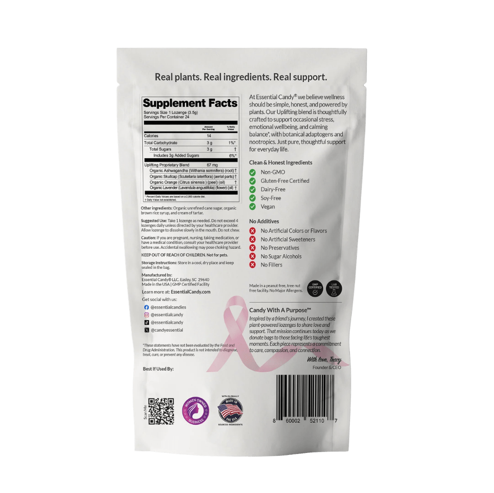 Essential Candy Uplifting™ Botanical Lozenges herbal supplement in clear packaging with green and white branding.