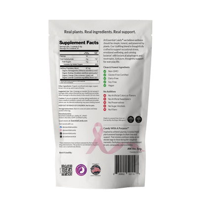 Essential Candy Uplifting™ Botanical Lozenges herbal supplement in clear packaging with green and white branding.