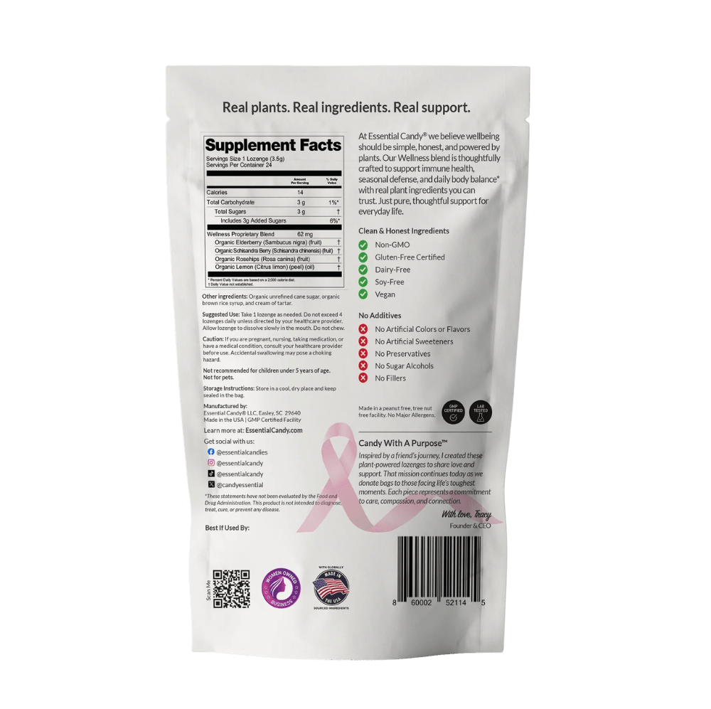 Essential Candy Wellness botanical lozenges herbal supplement in a clear package with natural ingredients visible inside