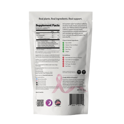 Essential Candy Wellness botanical lozenges herbal supplement in a clear package with natural ingredients visible inside