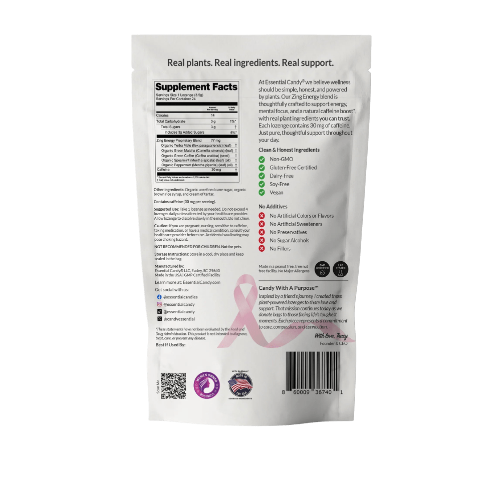 Essential Candy Zing Energy botanical lozenges in a clear package, herbal supplement designed to boost energy and refresh the senses.