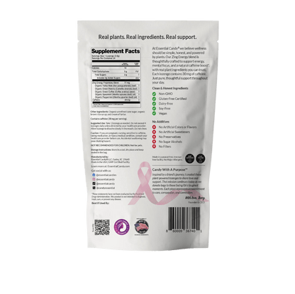 Essential Candy Zing Energy botanical lozenges in a clear package, herbal supplement designed to boost energy and refresh the senses.