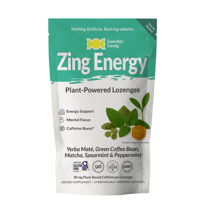 Essential Candy Zing Energy botanical lozenges in a clear package, herbal supplement for natural energy boost.