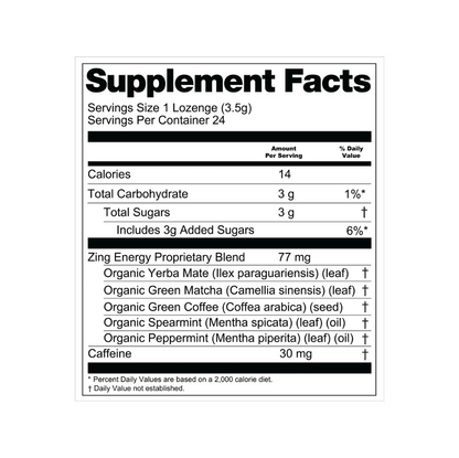 Essential Candy Zing Energy herbal lozenges in a clear package, showcasing vibrant botanical ingredients and vibrant packaging.