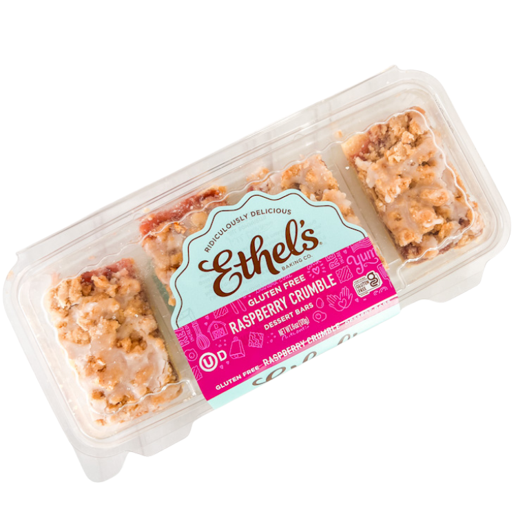Ethel's Raspberry Crumble Bar, a delicious dessert bar with raspberry filling and crumb topping from Ethels Baking Company.