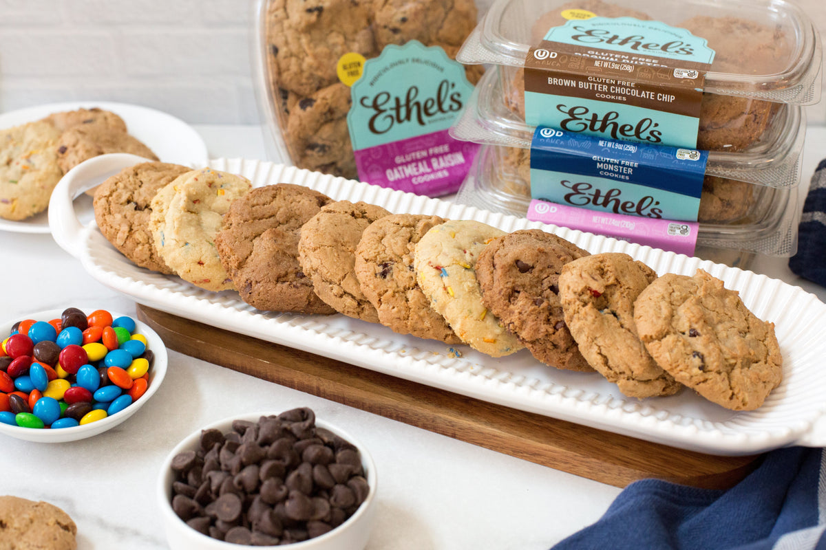 Assorted Ethel's Baking Company cookies from the Cookie Party Pack, 36-piece, showing a variety of baked cookies on a platter.