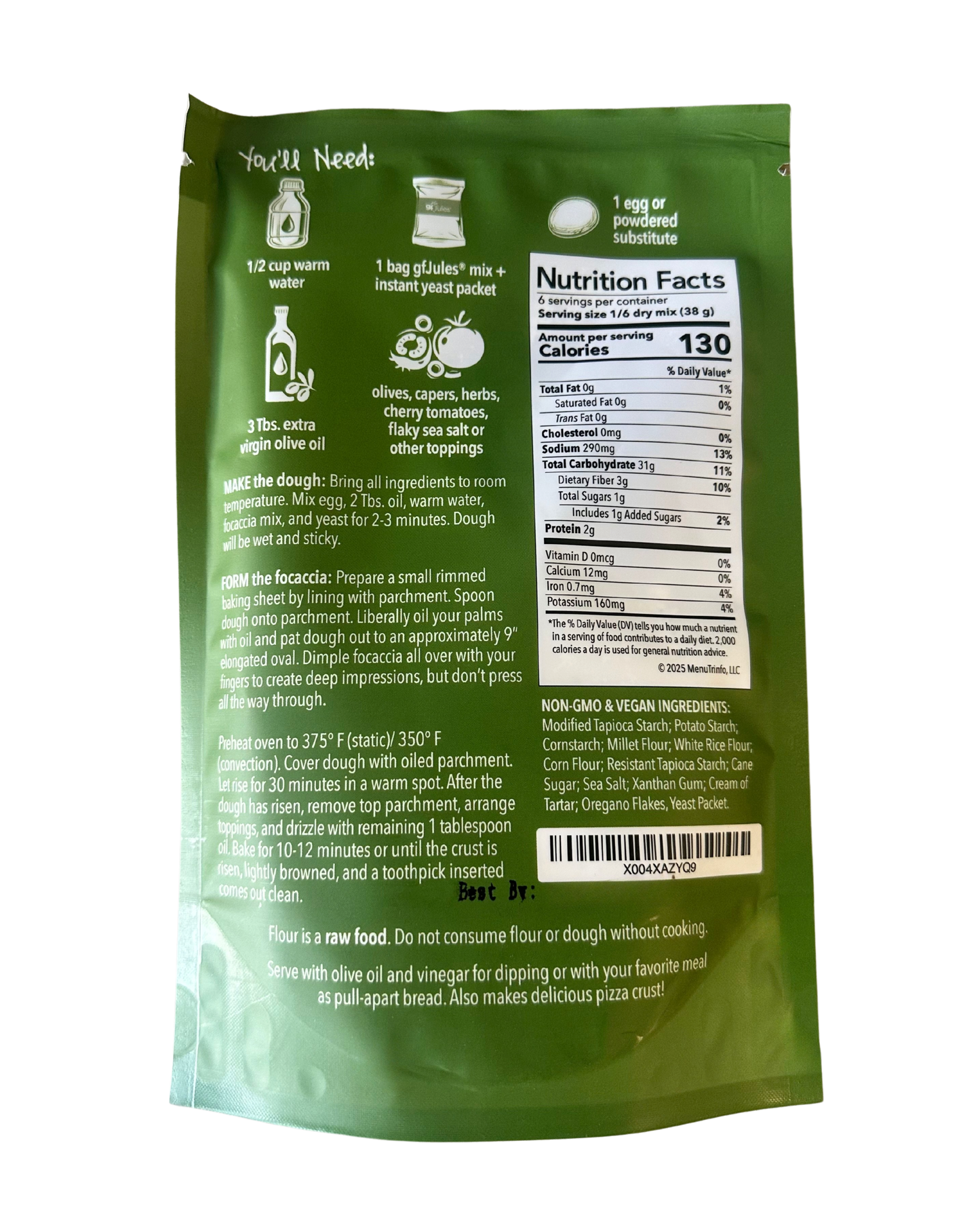 gfJules 10-Minute Gluten-Free Focaccia Mix package showing the front label and ingredients on a white background.