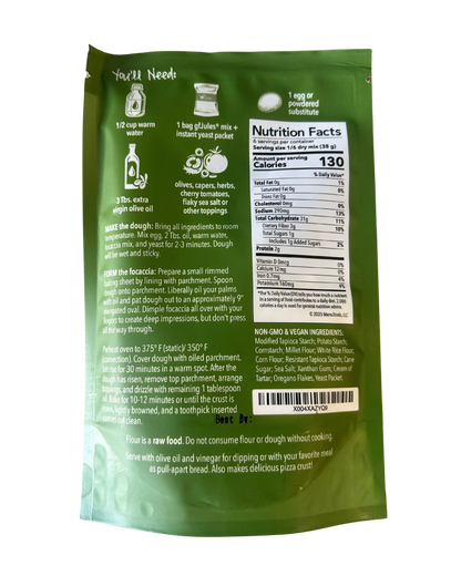 gfJules 10-Minute Gluten-Free Focaccia Mix package showing the front label and ingredients on a white background.