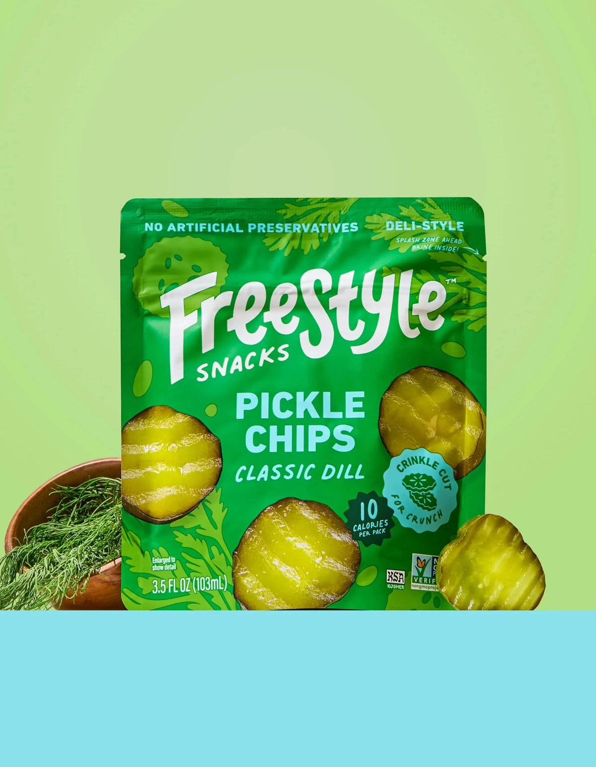 Bag of Freestyle Snacks Classic Dill Pickle Chips with crispy, crunchy pickle-flavored snack chips in a resealable bag.